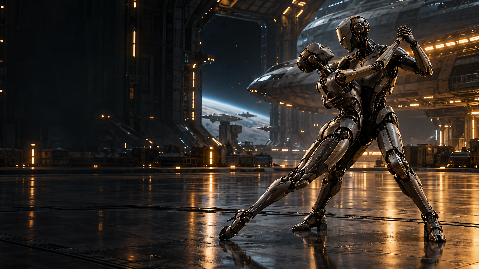 Concept illustration of humanoid robots dancing tango in a spacecraft bay